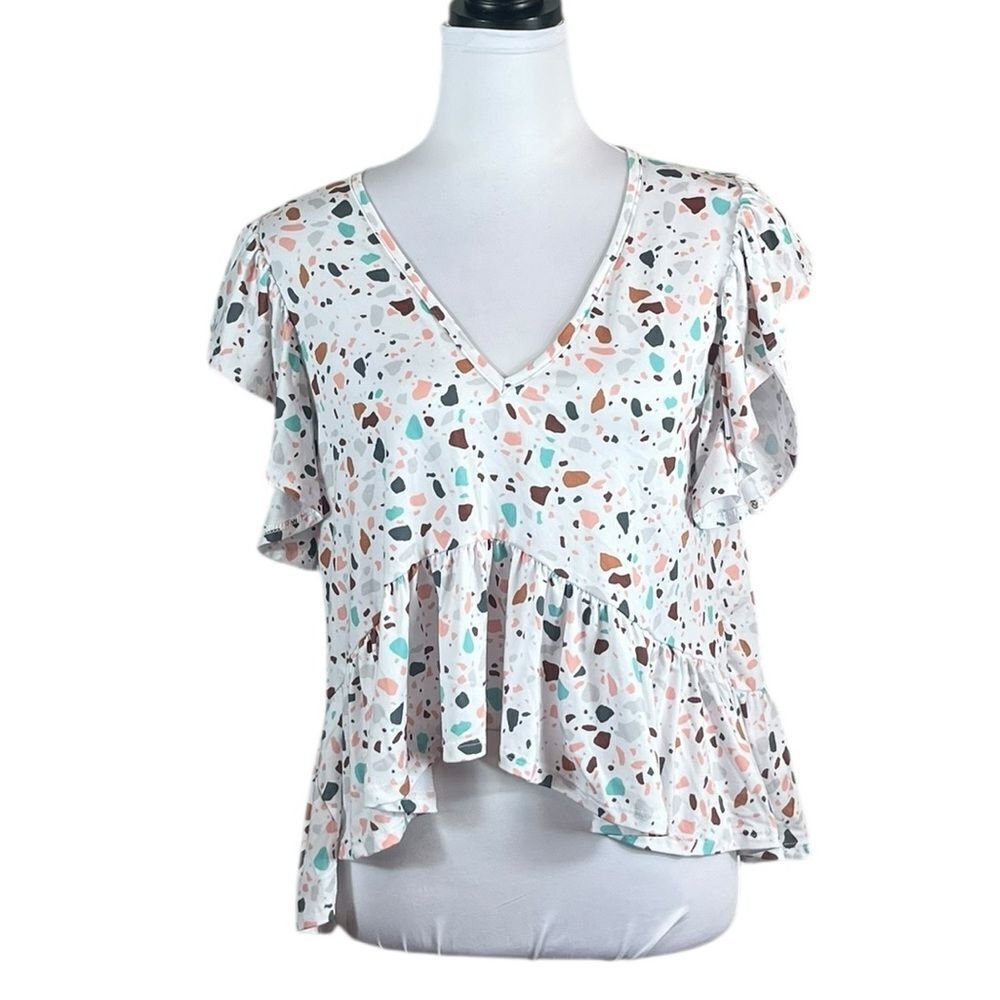 Altar'd State Cream‎ White Polkadot Flutter Sleeve Tip, Size S